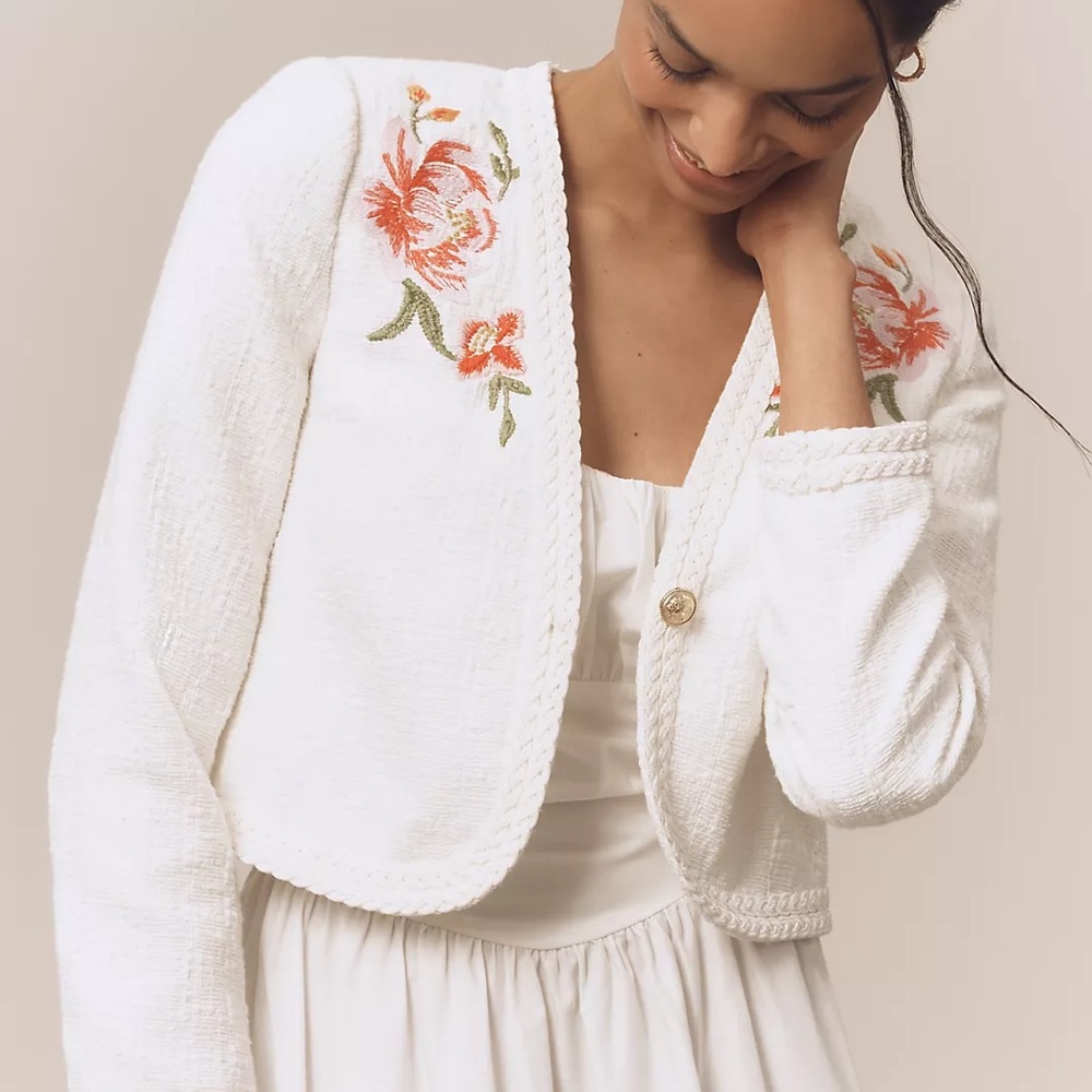 10 Derek Lam 10 Crosby x Anthropologie Bayle Embroidered Tweed‎ Jacket Cream NWT